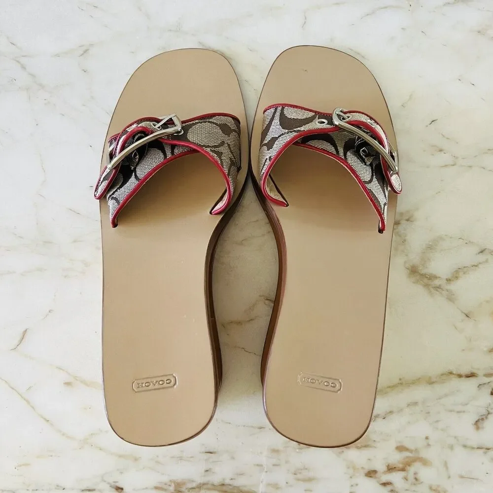 COACH Honey Brown Logo Canvas Red Leather Trim Wood Wedge Sandals - US 8